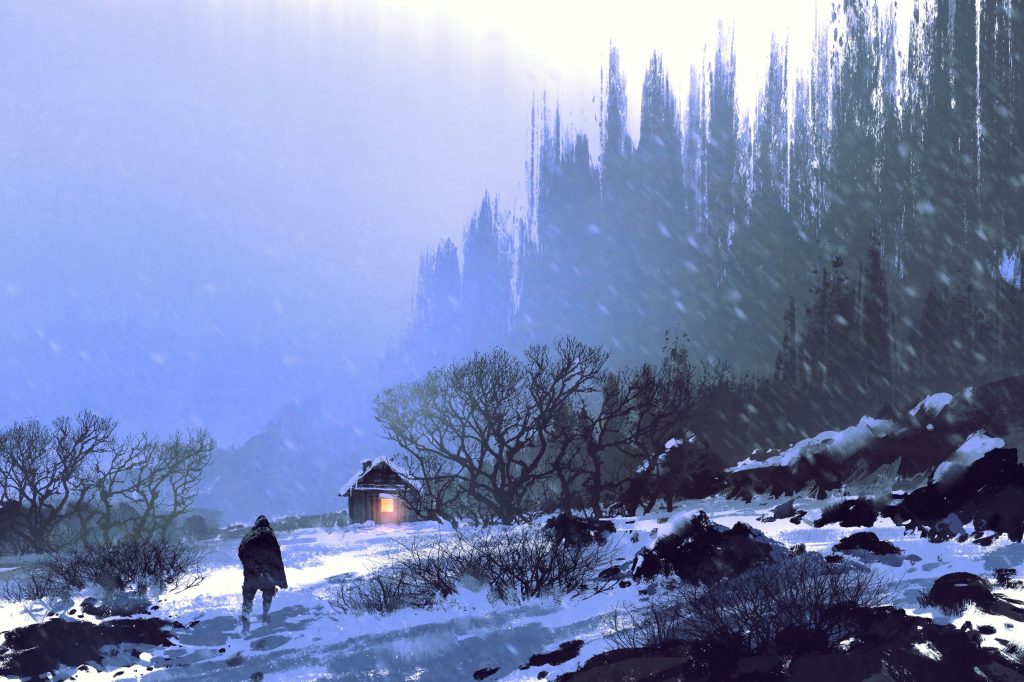 Illustration of man winter walking to cabin LG