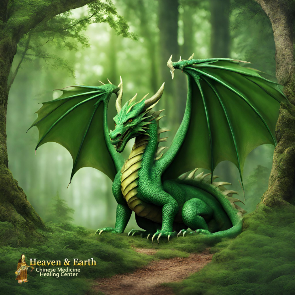 A wood dragon in the woods, created by Heaven & Earth Chinese Medicine Herbal Center with AI.
