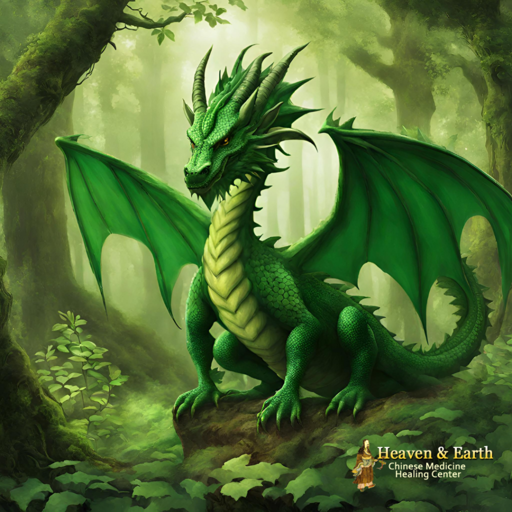 A wood dragon in the woods, created by Heaven & Earth Chinese Medicine Herbal Center with AI.