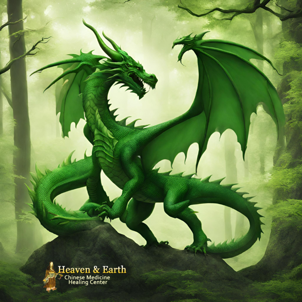 A wood dragon in the woods, created by Heaven & Earth Chinese Medicine Herbal Center with AI.