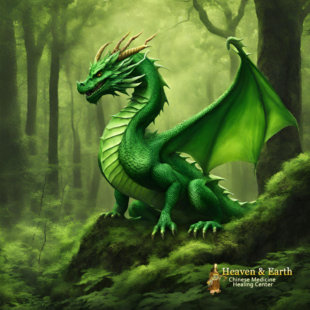 A wood dragon in the woods, created by Heaven & Earth Chinese Medicine Herbal Center with AI.